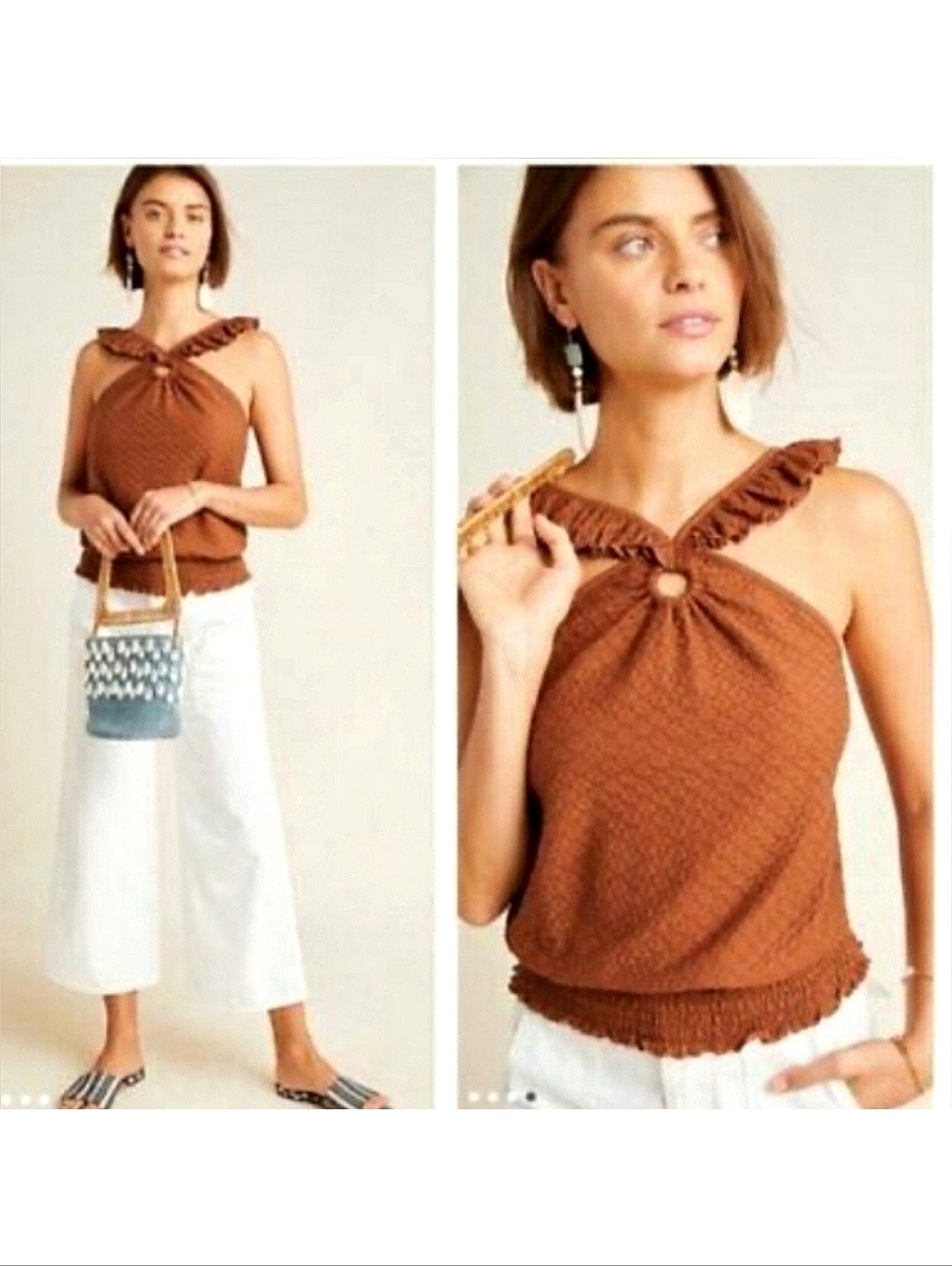 Anthropologie Marisol Ruffled Halter Top Brown Medium Boho Resortwear Indie Girl